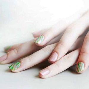 Pink And Green Striped Manicure