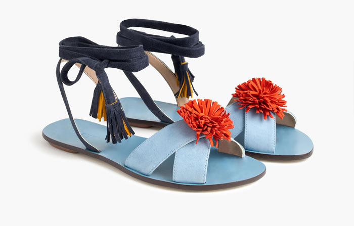 Lace-up suede sandals with pom-pom