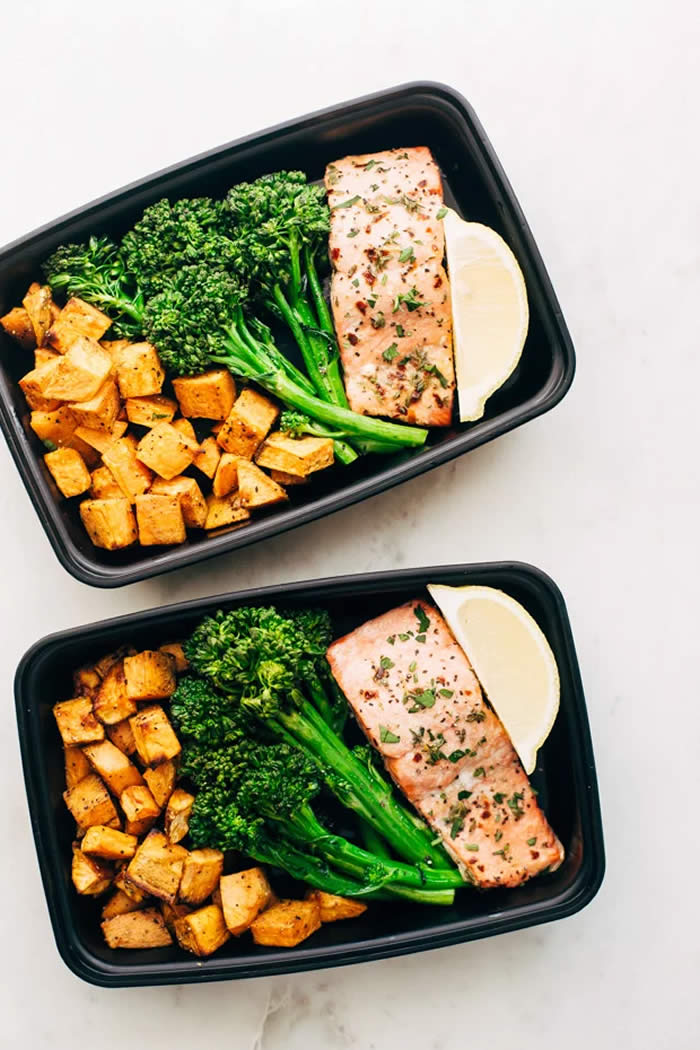 Lemon Roasted Salmon With Sweet Potatoes and Broccolini