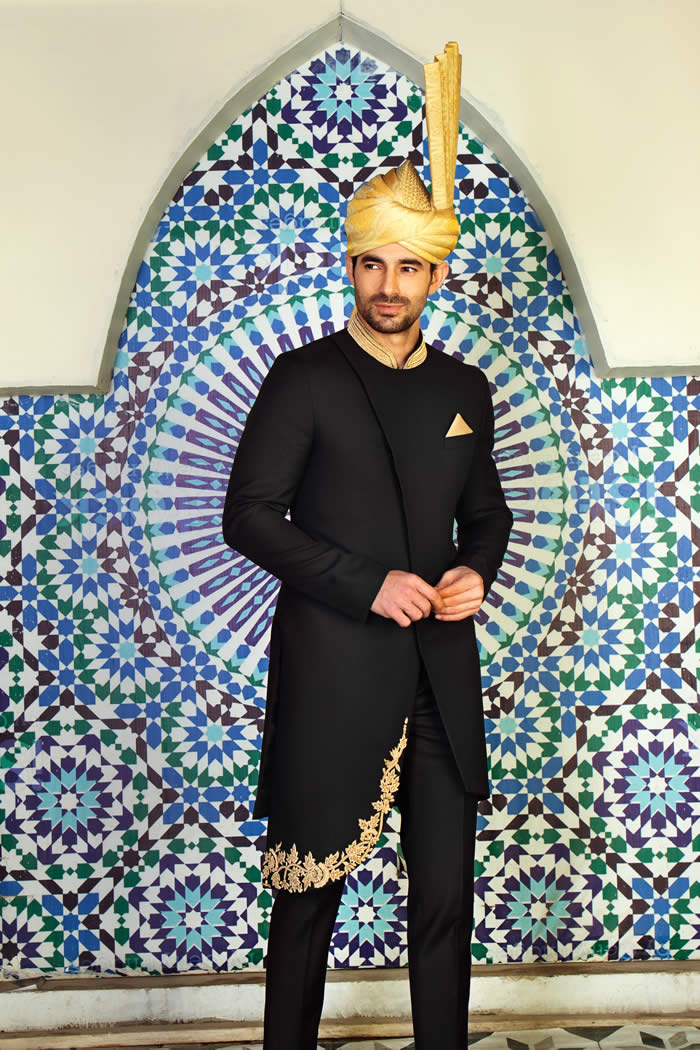 Angle Cut Black Sherwani 1