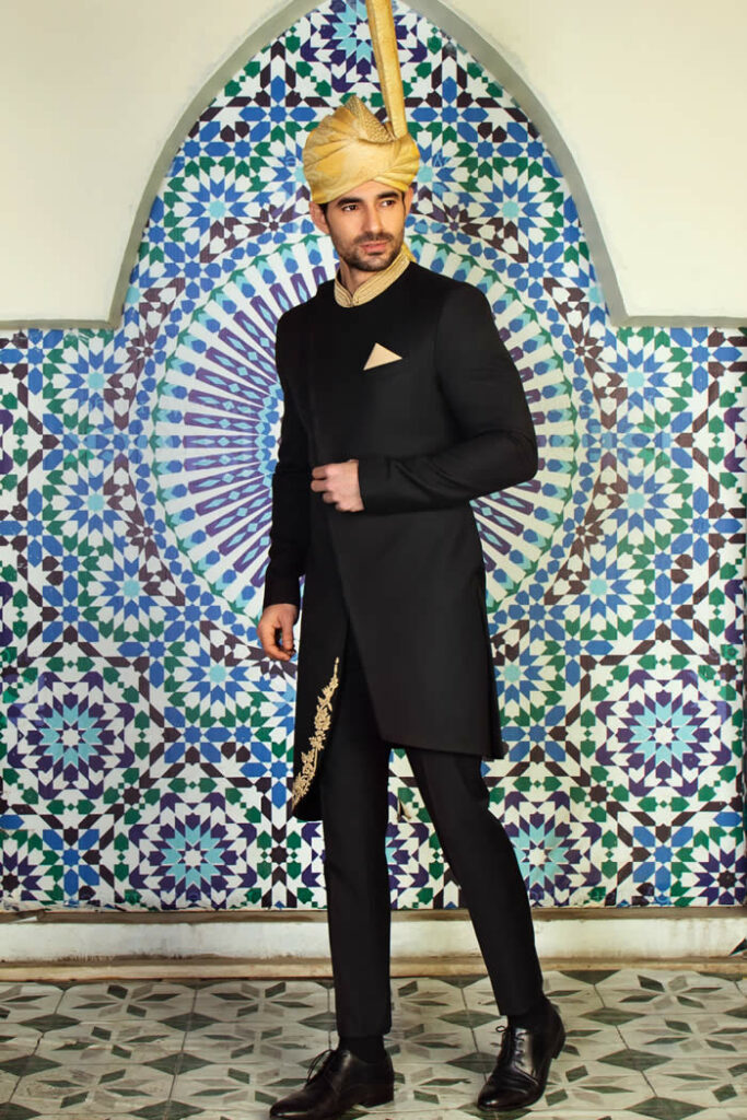 Angle Cut Black Sherwani 2