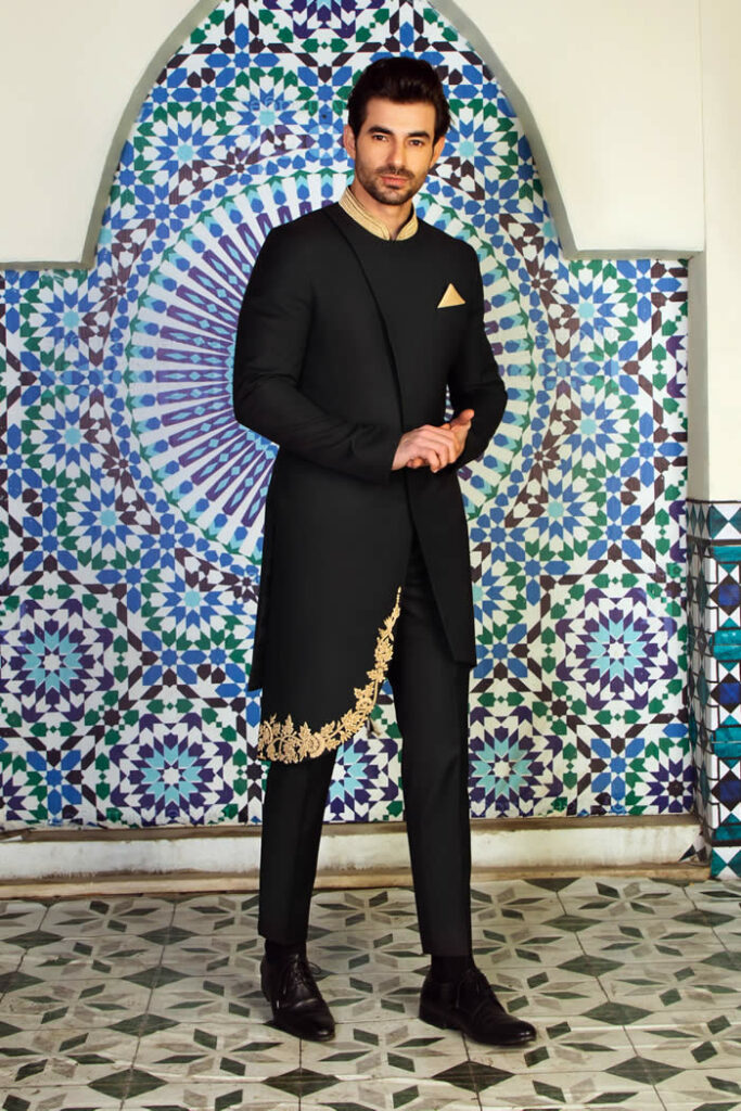 Angle Cut Black Sherwani 3