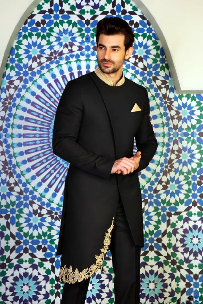 Angle Cut Black Sherwani 4