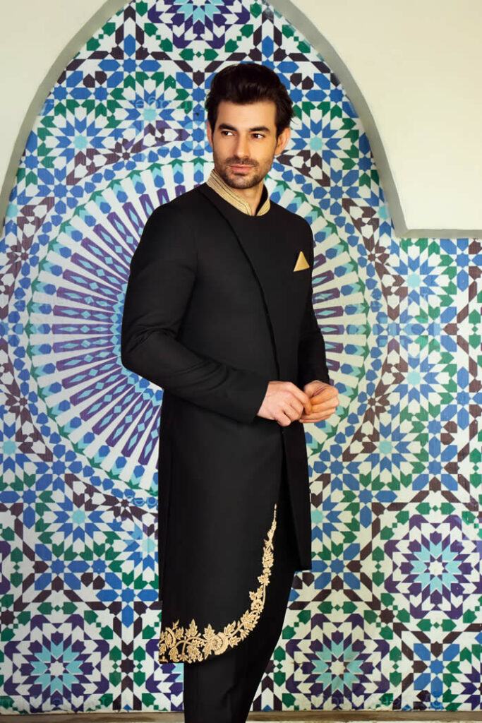 Angle Cut Black Sherwani 5