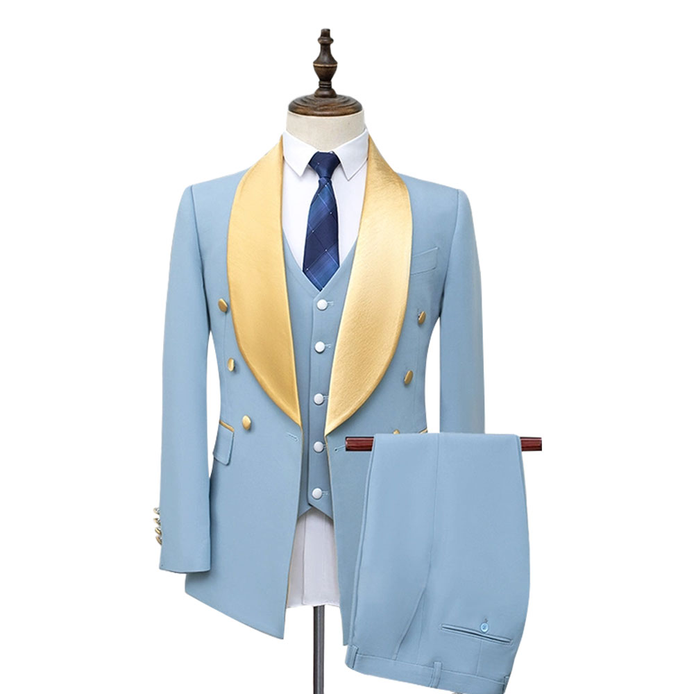 Bespoke Powder Blue Tuxedo With Golden Lapel