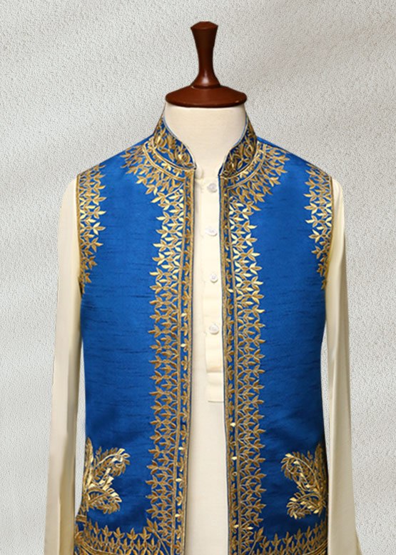 Firozi Waistcoat With Golden Embroidery
