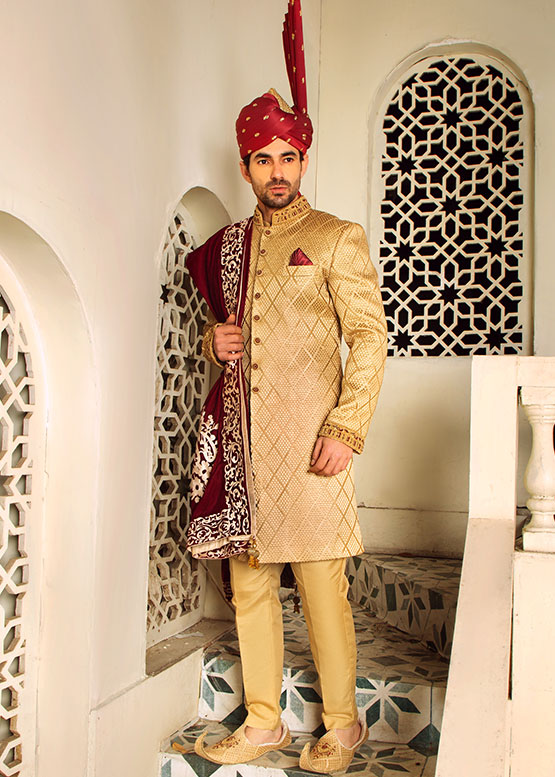 Golden-Self-Texture-Sherwani-For-Groom