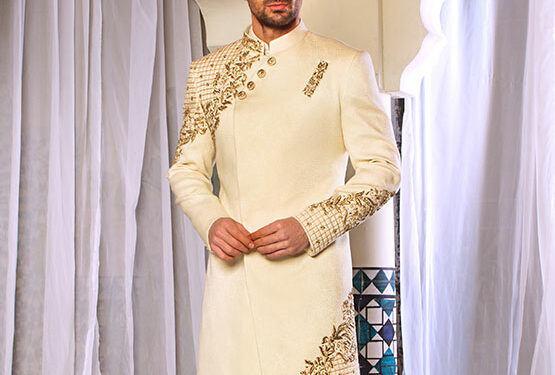 Ivory Gold side Cut Sherwani