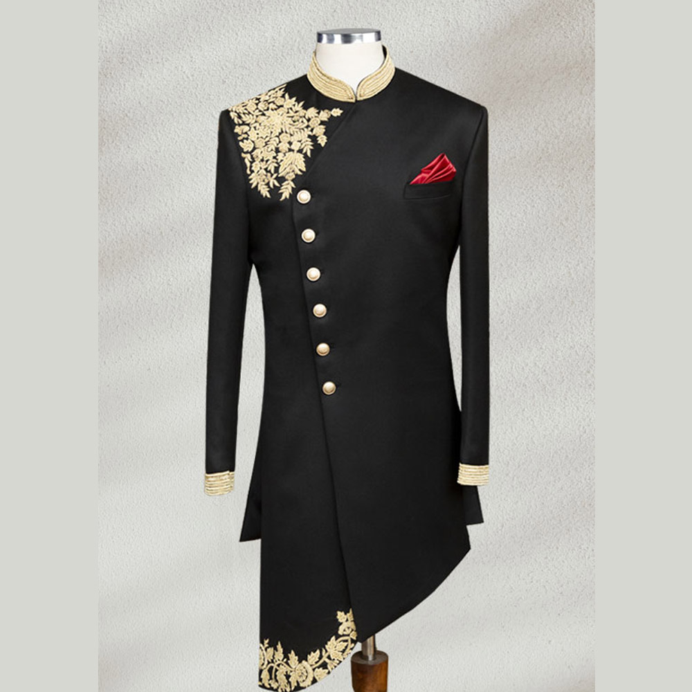 Black And Gold Angle Cut Sherwani