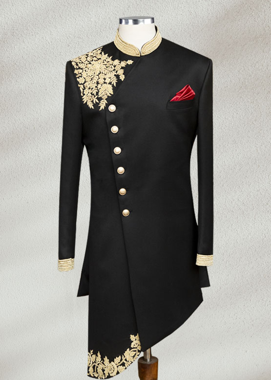 Black And Gold Angle Cut Sherwani