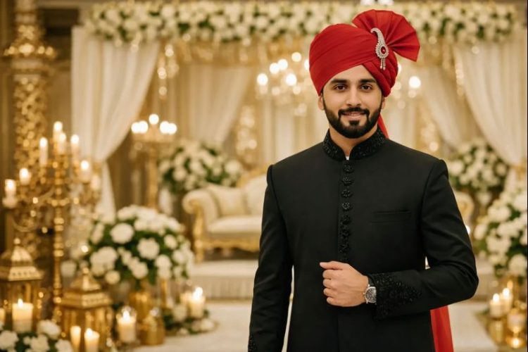 Wedding Black Sherwani with Red Turban